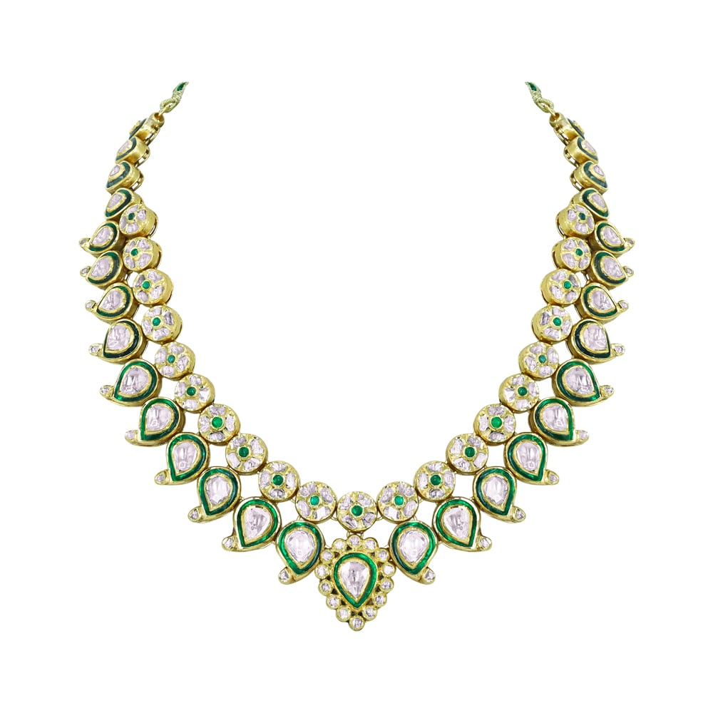 Green Enamel Polki Necklace with Bud Design
